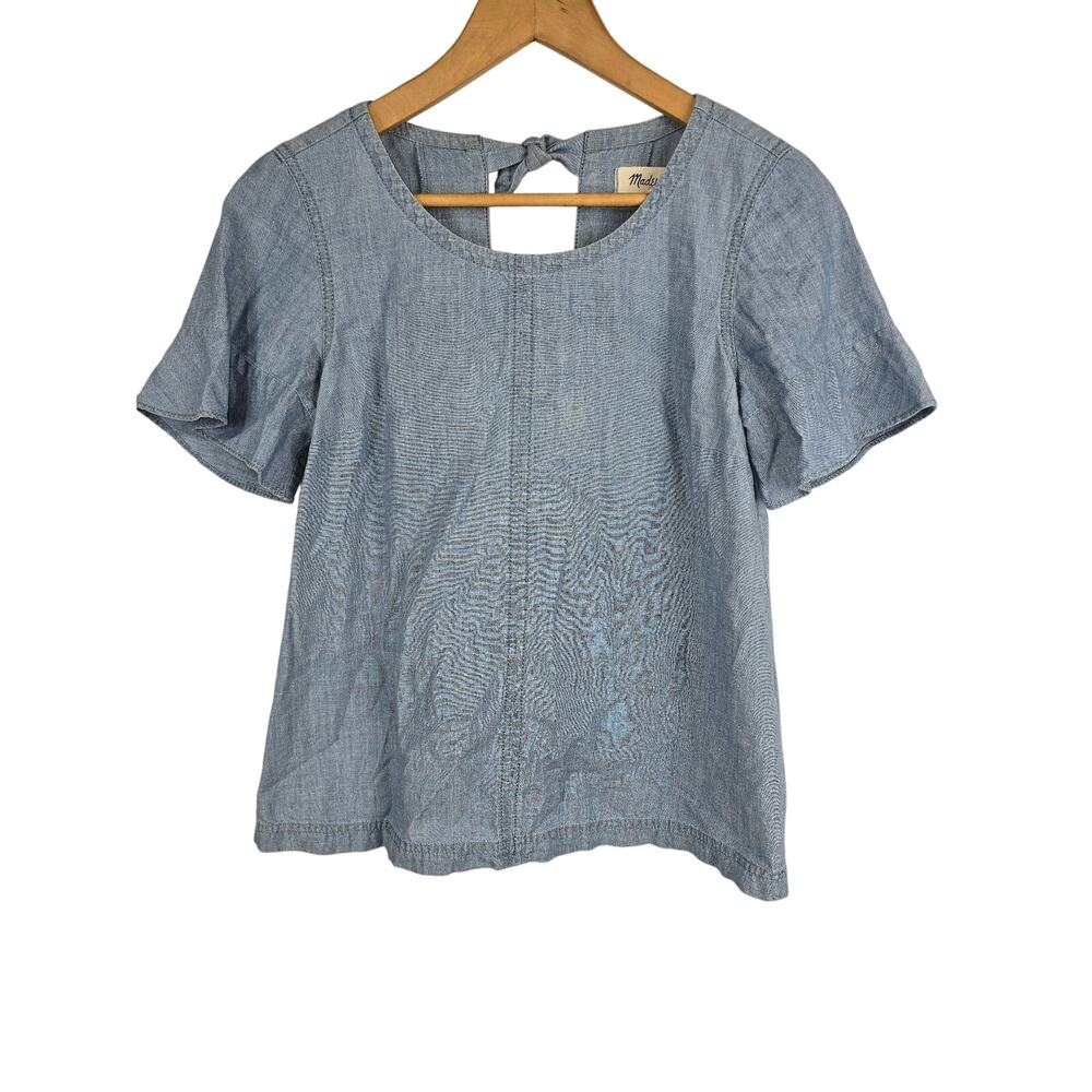 Madewell Womens Chambray Tie Back Bow Top Bell Short Sleeve Blue Size XS